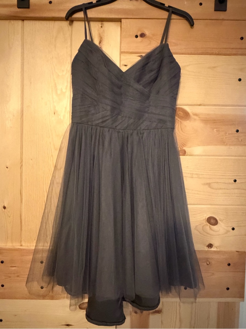 Sleeveless Gather and Gown Gray Tulle A-Line Dress with V-Neck